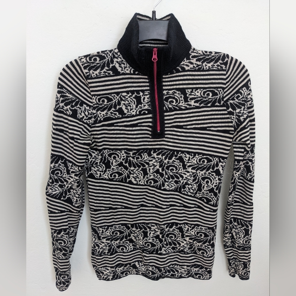 Title Nine Quarter Zip Washable Wool Sweater Black White Size S